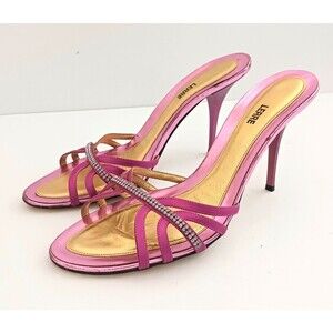 LERRE Pink Leather Stiletto Sandal Rhinestone Trim Handmade in Italy EU 41 US 10